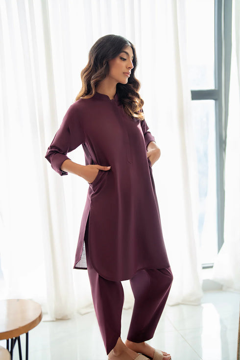 Azure Chic Wine β Maroon Designer 2-Piece Stitched Set in Premium Blended Fabric