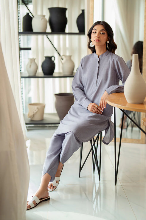 Azure Stormy Sky – Blueish Grey Designer 2-Piece Stitched Set in Premium Blended Fabric