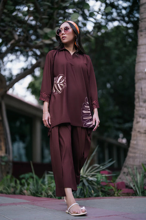Azure Cinnamon Storm β Deep Maroon Matching Set with Fold Flair Trousers