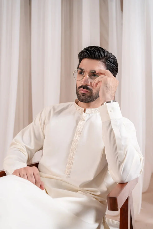 Muraqsh - Formal Bosky White Kurta Shalwar Embroidered β Men | Ready to Wear