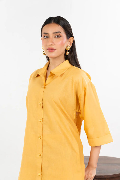 AlKaram Ready-to-Wear Women’s 2-Pc Yellow Stitched Outfit – Dobby Shirt & Culotte