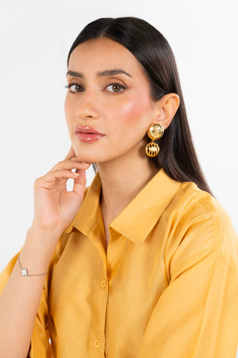 AlKaram Ready-to-Wear Women’s 2-Pc Yellow Stitched Outfit – Dobby Shirt & Culotte